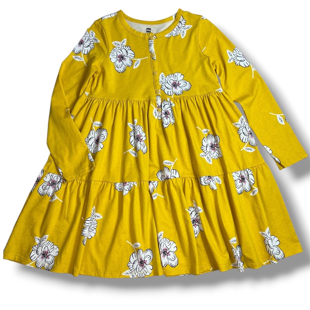 Tea Collection Kids Yellow Floral Long Sleeve Tiered Dress Girls 12 Playful‎ Fun